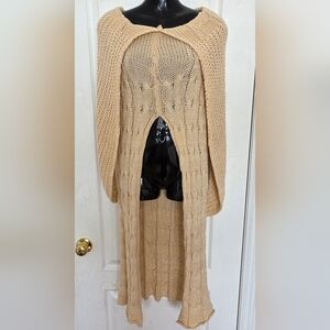 Long Vtg Open Front Cable Knit Tunic Tan Duster One Piece Cape Overlay Cardigan